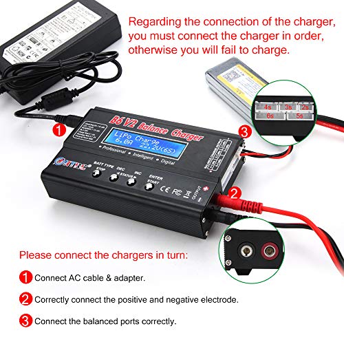 LiPo Battery Charger RC Car Balance Charger, 1S-6S Digital Discharger Battery Pack Charger 80W 6A for Li-ion Life NiCd NiMH LiHV PB Smart Battery,Deans Connectors + Power Supply