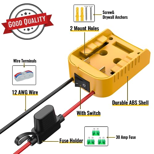 2 Packs Power Wheel Adapter Compatible with Dewalt 20V Battery, Converter Kit with Switch & Fuse & Wire Terminals & 12 AWG Wire for DIY RC Car Toys Robotics - color: 2-PACK