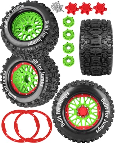 1/8 1/10 17mm Hex RC Truck Tires,Wheels and Tires for 1/10 E-Revo T-Maxx Summit,1/8 Kraton Outcast 6S,Sledge,Buggy Rubber Tyres and Rims w/Foam Insert for RC Off-Road Car,Green-Red - color: Green&red(4pcs)