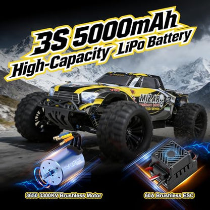 1/10 Brushless RC Truck, 4WD Fast Remote Control Car for Adults with 3S 5000mAh Battery, 2-Speed Transmission & CNC Metal Gears, All-Terrain Waterproof Heavy-Duty Off-Road Monster Truck RTR