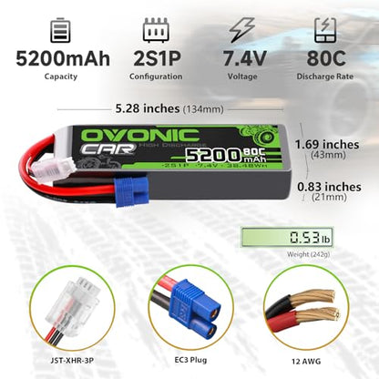 OVONIC 7.4V 2S Lipo Battery 5200mAh 80C Hard Case Battery with EC3 Plug for 1/8 1/10 RC Vehicles Car RC Buggy Truggy RC Airplane Drone