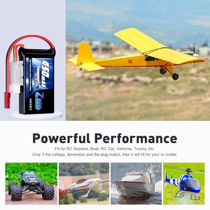 Zeee 2S Lipo Battery 450mAh 7.4V 50C with JST Plug (4 Pack) | Soft Pack RC Battery for FPV Drone Quadcopter Helicopter Airplane RC Boat RC Car RC Models