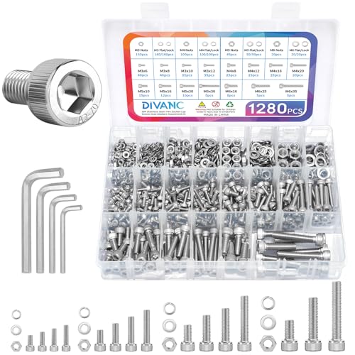 Metric Screw Assortment, 1280PCS Metric Bolt Assortment Kit M3 M4 M5 M6 Machine Screws with Lock & Flat Washers, 304 Stainless Steel Hex Socket Head Cap Screws Nuts and Bolts Kit (Silver) - size: M3M4M5M6 1280PCS