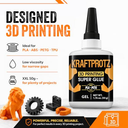 3D Printing Super Glue Gel 1.75 oz - PLA ABS PETG TPU Instant Adhesive | non drip, gap filling, no run adhesive, CA glue, vertical bonds, clear, waterproof, heat resistant, anti-clog cap, PLA, ABS - style: GEL 1.76 Fl.Oz.