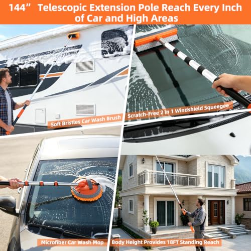 12FT Car Wash Brush with Long Handle Extension Pole Soft Bristle Car Cleaning Kit,Wheel & Tire Brush,Microfiber Wash Mop & Mitt,Window Squeegee,Detailing Brushes for Car RV Truck Boat House