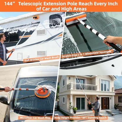 12FT Car Wash Brush with Long Handle Extension Pole Soft Bristle Car Cleaning Kit,Wheel & Tire Brush,Microfiber Wash Mop & Mitt,Window Squeegee,Detailing Brushes for Car RV Truck Boat House