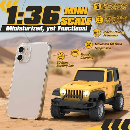 [2026 Upgrade 1/36 Mini RC Crawler, 4WD Micro Off Road Truck | Yellow Micro RC Crawler, 1/36 RC Crawler Mini RC Truck Toys for Ages 8-14, Birthday Gifts for Boys Girls, RTR 2.4GHz - color: Yellow