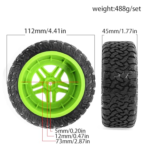 1/10 RC Short Course Truck Plastic Wheels 12mm Hex and Tires OD 4.41" 5-Spok Off Road Tyres for 1:10 Scale Truck Car TRAXXAS Slash 4X4 2WD ARRMA SENTON 3S Losi Redcat Rc4wd 4PCS (Green) - color: Green