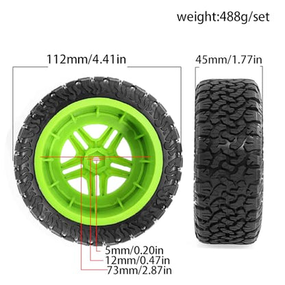 1/10 RC Short Course Truck Plastic Wheels 12mm Hex and Tires OD 4.41" 5-Spok Off Road Tyres for 1:10 Scale Truck Car TRAXXAS Slash 4X4 2WD ARRMA SENTON 3S Losi Redcat Rc4wd 4PCS (Green) - color: Green