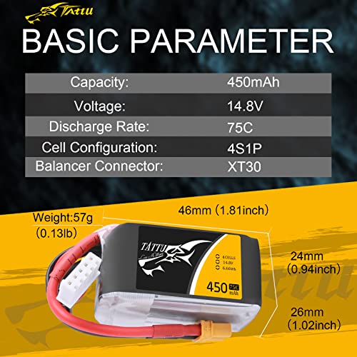 TATTU 14.8V 450mAh 75C 4S LiPo Battery Pack with XT30 Plug for Multirotor FPV 150 Size