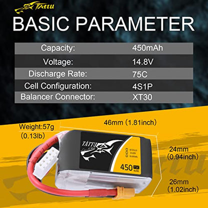 TATTU 14.8V 450mAh 75C 4S LiPo Battery Pack with XT30 Plug for Multirotor FPV 150 Size