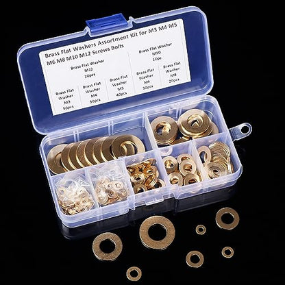 Brass Flat Washer Gasket Kit – 210 Pieces Washers Assortment for M3, M4, M5, M6, M8, M10 and M12 Screws and Bolts