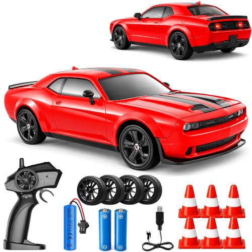 IntelLock 1:24 RTR RC Drift Car with Scratch-Free Drift Tires, 4WD High-Speed Muscle, 2 Rechargeable Batteries, LED Lights, 2.4GHz Remote Control Car for Kids & Adults, Indoor/Outdoor (Red 2)