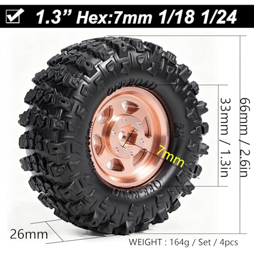 1.3” Aluminum Beadlock Wheels & Mud Terrain Tires Set for 1/18 1/24, -7.6mm Offset RC Crawler Car Fits TRX4M, Axial SCX24 AX24, Redcat Ascent-18, FCX24, 66 x 26mm, Pre-Assembled, 4 pcs Glod - color: Copper