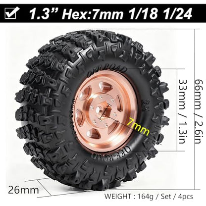 1.3” Aluminum Beadlock Wheels & Mud Terrain Tires Set for 1/18 1/24, -7.6mm Offset RC Crawler Car Fits TRX4M, Axial SCX24 AX24, Redcat Ascent-18, FCX24, 66 x 26mm, Pre-Assembled, 4 pcs Glod - color: Copper