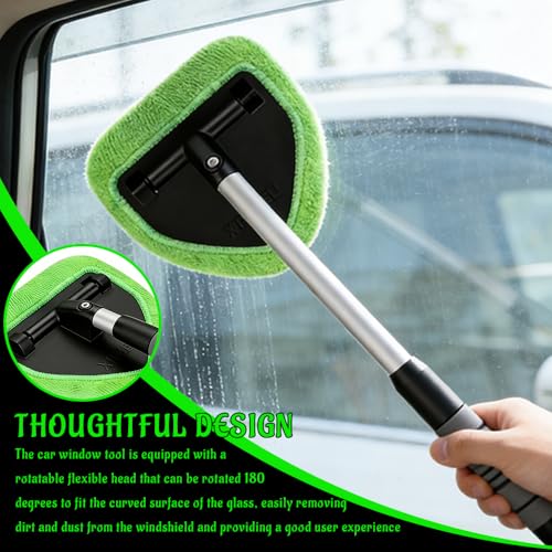 Windshield Cleaner Tool, Windshield Cleaning Tool, Car Window Cleaner with 4 Reusable and Washable Microfiber Pads and Extendable Handle, Auto Inside Glass Wiper Kit for Auto Glass Cleaning