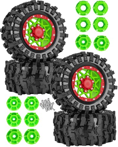 1/10 Scale RC Truck Tires,Wheels and Tires w/12/14/17MM Hex for Rustler Stampede Hoss,Arrm a Granite Vorteks Big Rock 3S,1/10 Off Road Tires Rubber Truck Tyres w/Foam Insert,Green w/Red - color: Green W/Red(4pcs)