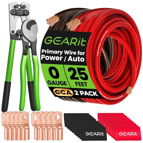 GEARit 0 Gauge Amp Wiring Kit, 1/0 CCA Battery Cable 25 ft Black/Red, Battery Terminal Crimper, Cutter, Lugs & Heat Shrink for Car Audio - color: Black/Red, size: 25ft Each (5-in-1 Kit)