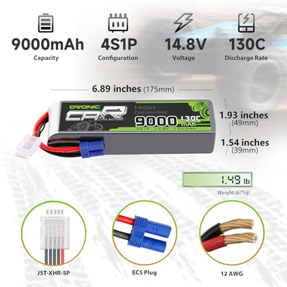 OVONIC 4S LiPo Battery 9000mAh 14.8V 130C RC Battery with EC5 Connector (2 Pack)
