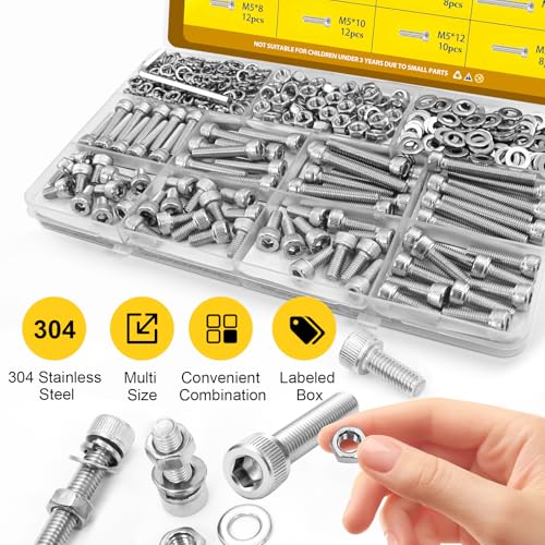 270pcs M5 Screws with Nuts Assortment kit, M5x8/10/12/16/20/25/30/35 mm 304 Stainless Steel Hex Socket Head Cap Screw Bolts Nuts Flat & Lock Washer Set - size: SS M5 270pcs