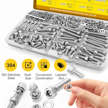 270pcs M5 Screws with Nuts Assortment kit, M5x8/10/12/16/20/25/30/35 mm 304 Stainless Steel Hex Socket Head Cap Screw Bolts Nuts Flat & Lock Washer Set - size: SS M5 270pcs