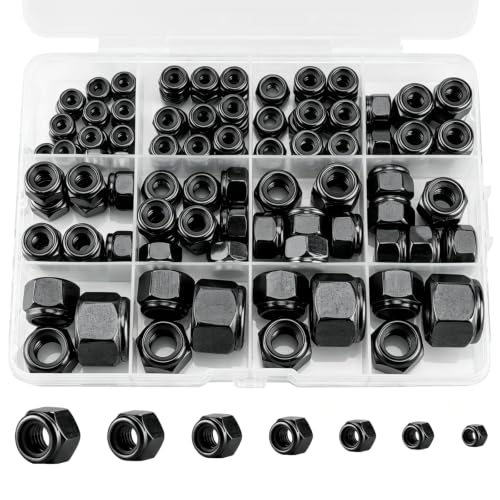 105 Pack Lock Nuts, Black 304 (A2-70) Nylon Insert Locknuts | #6-32#8-32#10-24 1/4-20 5/16-18 3/8-16 1/2-13 Lock Nuts, Stainless Steel, Standard Inch Thread Nylock Nuts - color: Black, size: SAE