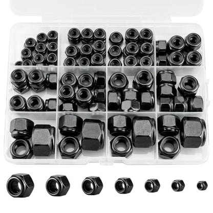 105 Pack Lock Nuts, Black 304 (A2-70) Nylon Insert Locknuts | #6-32#8-32#10-24 1/4-20 5/16-18 3/8-16 1/2-13 Lock Nuts, Stainless Steel, Standard Inch Thread Nylock Nuts - color: Black, size: SAE