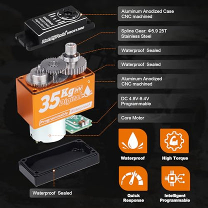 HobbyPark Waterproof 35KG High Torque Servo Motor Metal Gears Digital Servo Arduino Servo Full Aluminum Shell for 1/8 1/10 1/12 RC Crawler RC Truck RC Car Buggy Robotic DIY Control Angle 180°