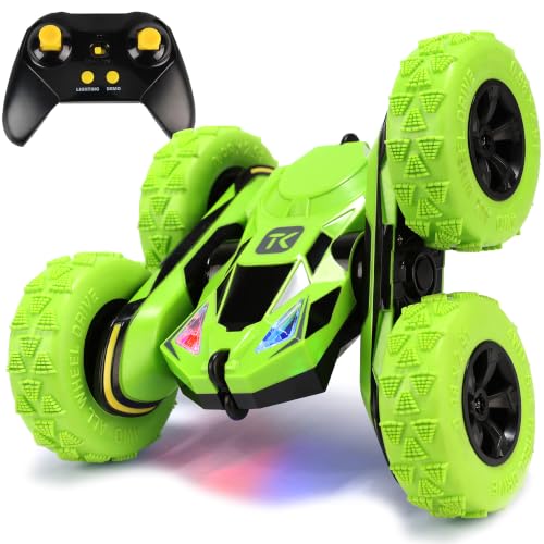 Threeking Remote Control Flip Stunt Car Double Sided Driving Toys Gifts | Durable RC Cars with Breathing Soft Lights for Boys Girls Ages 6-12 - color: Green