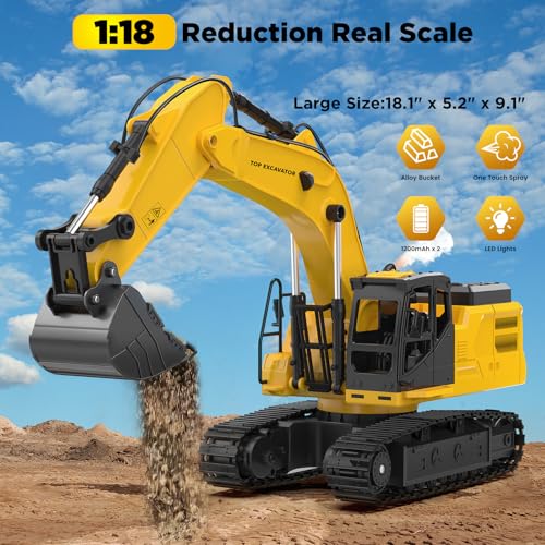 1:18 Metal RC Excavator Toy for Kids | 11-Channel Remote Control Construction Vehicle with Water Spray, Lights & Sounds, Dual 100-Min Batteries, 2026 New STEM Engineering Toy for Boys Ages 6-12 - style: Excavator[2026 Upgrade]