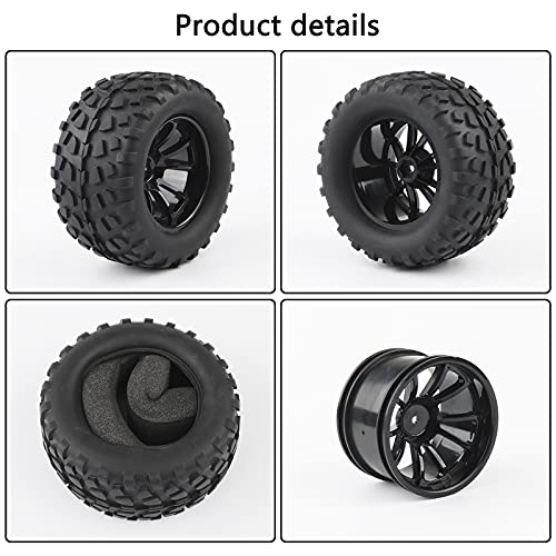4X RC 1/10 Scale Monster Truck Tires Gravel Tread w/ 5 Spokes Wheel Rim | Black, For Stampede HSP Redcat Volcano XTE PRO - style: Twin 5 Spokes-Black
