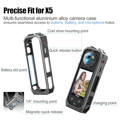 Camera Case Cage with Silicone Lens Cover for Insta360 X5 | Aluminum Alloy Protective Case with 1/4" Threads, Utility Frame Built-in 2 Cold Shoe for Microphone and Led Video Light