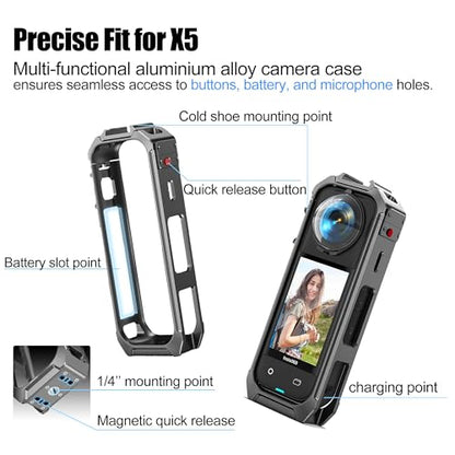 Camera Case Cage with Silicone Lens Cover for Insta360 X5 | Aluminum Alloy Protective Case with 1/4" Threads, Utility Frame Built-in 2 Cold Shoe for Microphone and Led Video Light
