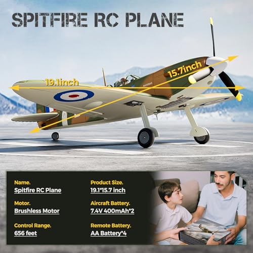 CKYSCHN VOLANTEXR Brushless RC Plane 500mm with X-Pilot Gyro for Adults | Spitfire Fighter 4CH RC Airplane, 3 Level Modes, Aerobatic Outdoor Flying, RTF Remote Control Airplane with 2 Batteries - color: Brown-76805