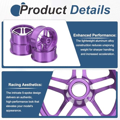 MECCANIXITY 4Pcs RC Car Wheel Rims, 23.5mm Dia 5-Spoke Purple Aluminum Alloy Wheel Rims Hex Hub for HSP RC Drift Racing Touring Car - color: Purple, size: 23.5mm Dia