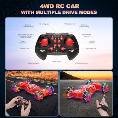 Nikuku Gesture Sensing RC Stunt Car, 4WD Remote Control Car for Boys 6-12 | Hand Controlled RC Twist Car with Lights & Music, 360° Rotation, Birthday Gift Ideas for Kids Ages 6 7 8 9 10 11 12 - color: Red