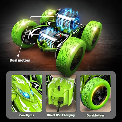 Excitobo Remote Control Car,RC Cars for 4 5 6 7 8 9 10 11 12 Year Old Boy Double Sided 360°Flip 4WD Rechargeable Drift RC Race Car Boys Toys Birthday Gifts Easter Basket Stuffers for Kids Age 4-12 - color: Green