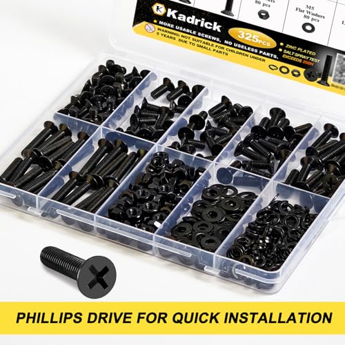 KADRICK 325Pcs M5 Countersunk Screw Kit,M5 Flat Head Bolts Nuts Washers | M5 Flat Phillips Head Screw Kit,Black Zinc Plated,Length of 8MM-30MM - size: M5 325Pcs 8-30mm