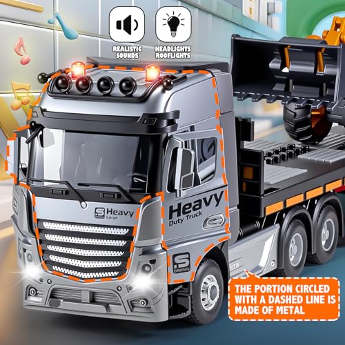 9 Channel RC Semi Truck Metal Cab, 2.4Ghz Remote Control Truck and Trailer | RC Tow Truck Construction Vehicle with Lights and Sounds, Birthday Gift for Kids Boys 14.6"