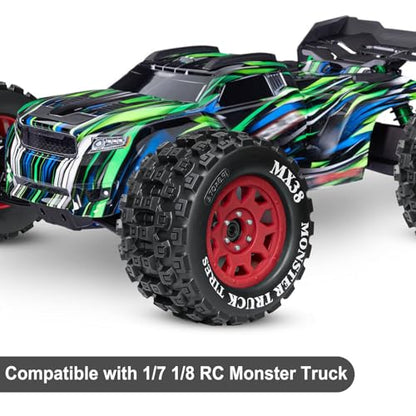 LRFHL MX38 F/R 3.8" RC Tires and Wheels with 17mm Hex Adapter, 4PCS, Red | 1/7 1/8 RC Monster Truck Tires, for Arrma Notorious Outcast Kraton 6S Traxxas E-Revo RC Car Upgrade - color: Black Tires+ Red Wheels
