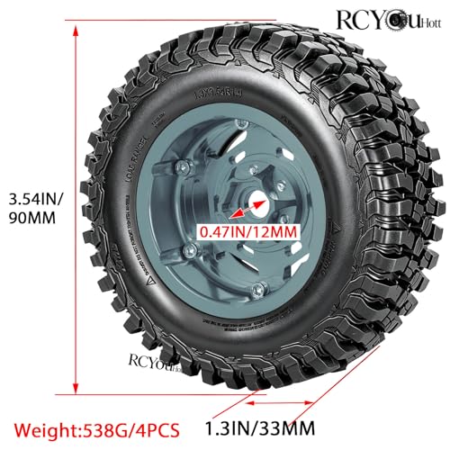 RC 1.9" Beadlock Wheels and Tires Set for 1/12 M-J-X H12Y H12Y+ H12P MN-128 RC Crawler,Wheels Tire OD 90MM/3.54",Aluminium Wheel Rims (4PCS),1.9" Beadlock Wheel Tires,Titanium - color: Titanium- (Wheel Tires)