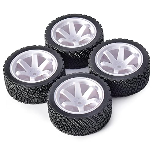 4PCS 65mm RC Rally Car Rubber Tires and 6-Spokes Wheel Rims 12mm Hex Compatible with 1/10 RC On-Road Rally Racing Car HSP Tamiya Sakura HPI WR8 HSP TT02 WLtoys (White) - color: White