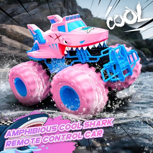 Waterproof Shark Remote Control Car, 1:16 Amphibious RC Cars 4WD All Terrain Off Road Monster Trucks Toys, RC Truck Pool Toys for Kids 3-5 6-8 8-12 Year Old Girl Birthday Gift, Pink - color: Pink