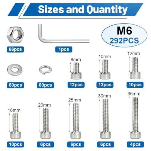 292PCS M3 Hex Socket Head Cap Screw Assortment Kit 304 Stainless Steel | Metric Machine Bolts and Nuts, Flat & Spring Washers, M6x8/10/12/16/20/25/30/35 mm for 3D Printer, RC Car, Drones, DIY Repair - size: SS M6 292PCS