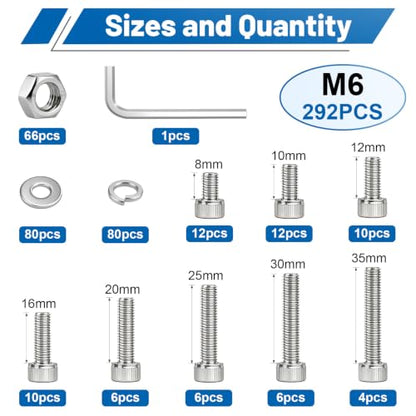 292PCS M3 Hex Socket Head Cap Screw Assortment Kit 304 Stainless Steel | Metric Machine Bolts and Nuts, Flat & Spring Washers, M6x8/10/12/16/20/25/30/35 mm for 3D Printer, RC Car, Drones, DIY Repair - size: SS M6 292PCS