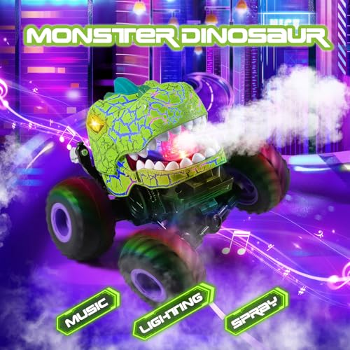DYODYORC Remote Control Car, 2.4Ghz All Terrain Dinosaur Monster Truck Toys, RC Truck with Spay, Music, 3 Lighting Effects, Stunt Capable, Toy Gifts for Boys and Girls (Green Purple) - color: Green Purple