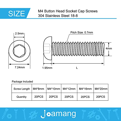 M4 x 8mm 10mm 12mm 16mm 20mm Button Head Socket Cap Screws Bolts, Stainless Steel 304, Metric Allen Hex Drive, Bright Finish, Fully Threaded, Assortment Kit 100PCS - size: Button M4x8-20 mm