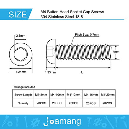 M4 x 8mm 10mm 12mm 16mm 20mm Button Head Socket Cap Screws Bolts, Stainless Steel 304, Metric Allen Hex Drive, Bright Finish, Fully Threaded, Assortment Kit 100PCS - size: Button M4x8-20 mm
