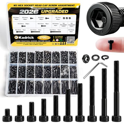 Kadrick M3 Screws Kit 2700PCS (900 Screws), Full Kit with Nuts, Washers & Hex Wrench, Optimized Size Distribution, Class 12.9, Black Zinc Plated M3 Bolts for 3D Printing, DIY, RC & Robotics - size: M3 2700Pcs New
