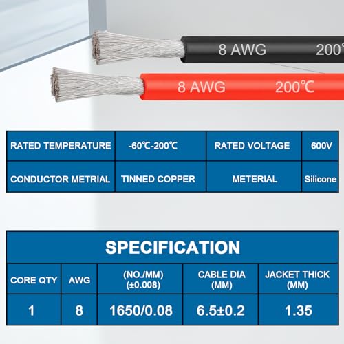 8 Gauge Silicone Wire (5ft Red & 5ft Black), 8 AWG Electrical Cable 0.08mm Tinned Copper Core High Temperature Resistant Wire, Soft and Flexible for RC Cars, Boat, Drones etc - size: 5FT, style: 8AWG